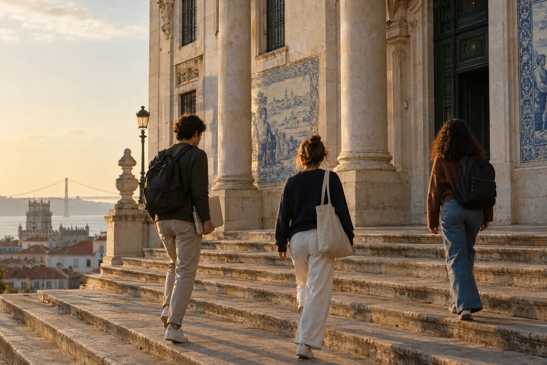 Students climbing the stone steps of a historic university building in Lisbon in late-afternoon light